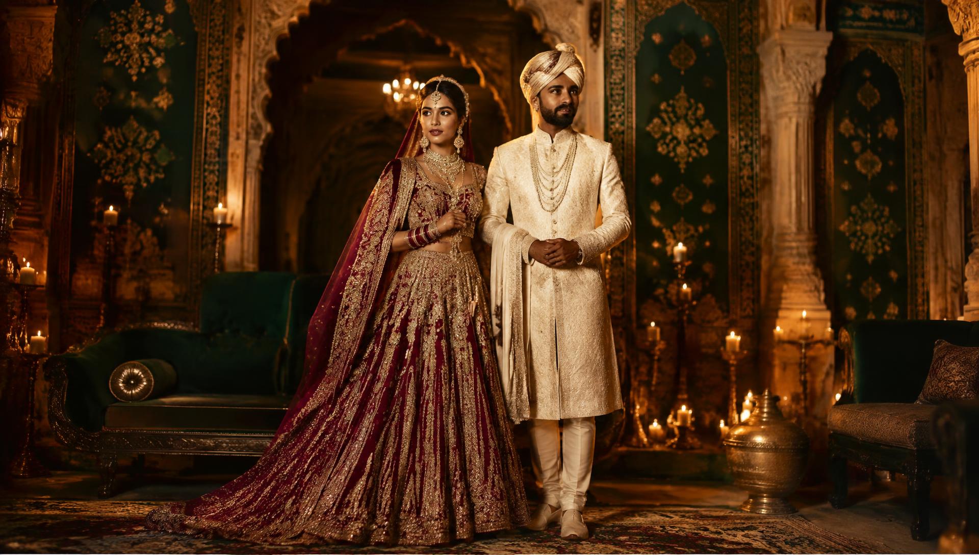 Bride in ruby lehenga and groom in ivory sherwani