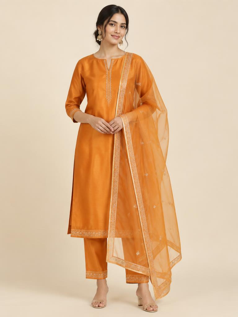Saffron Silk Kurta Set
